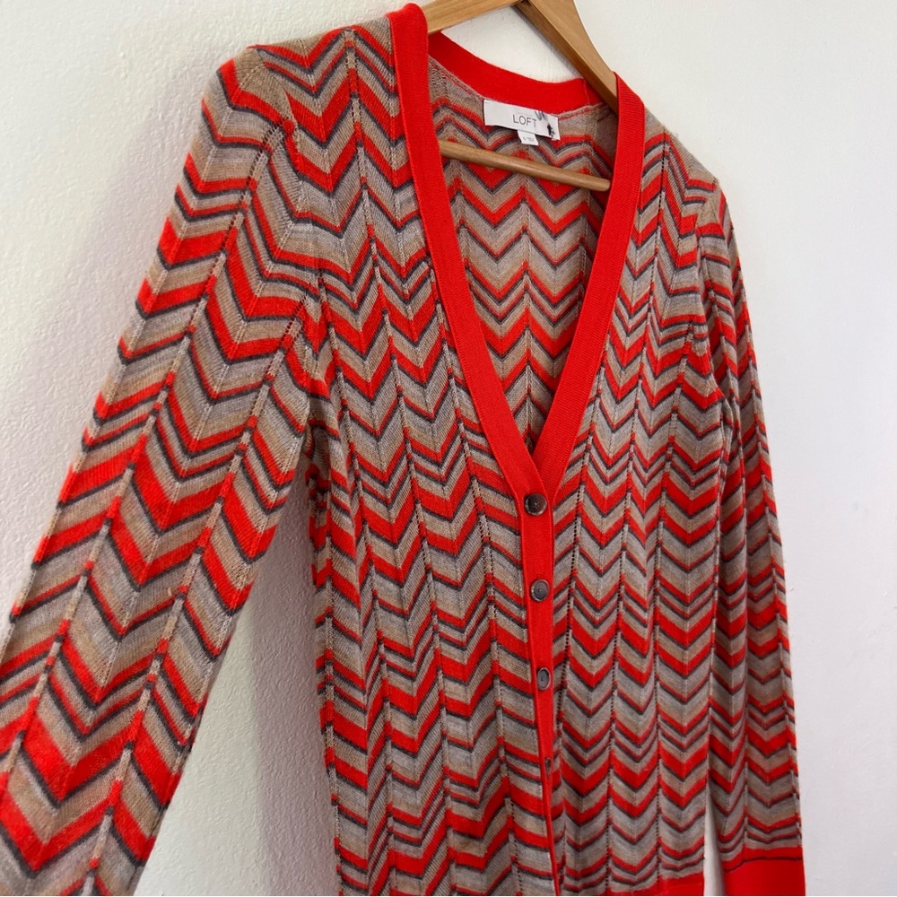 LOFT Orange Wool Blend Chevron Printed Lightweight Buttoned Cardigan Sweater - Picture 4 of 12